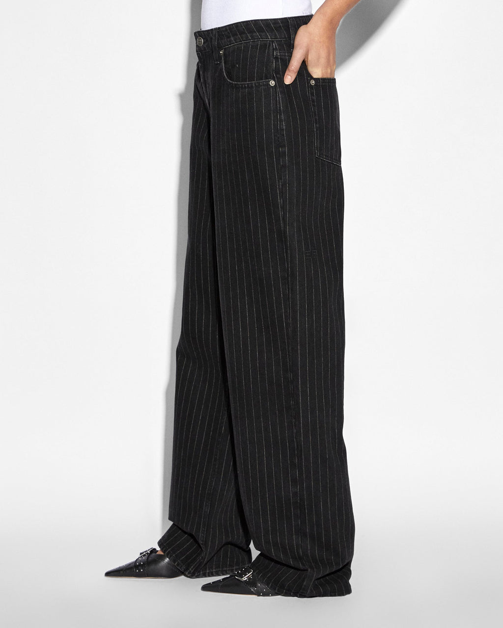 Womens Low Rider Pinstripe Baggy Denim Jeans - Black