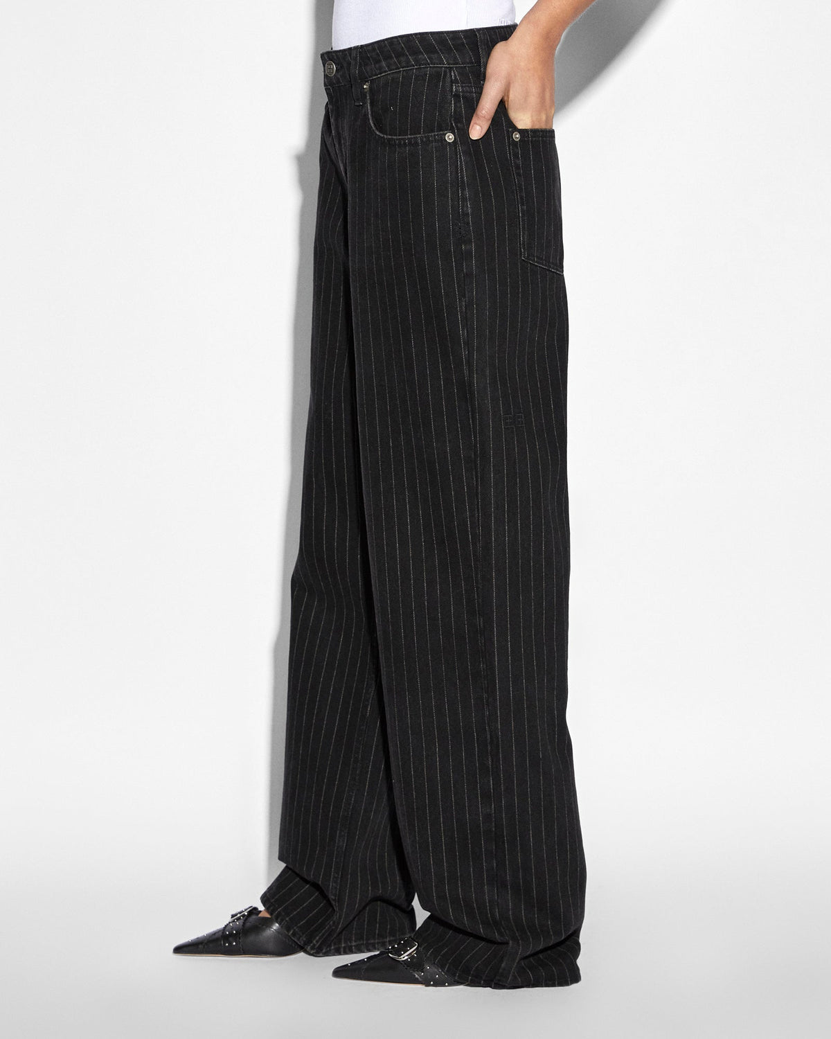 Womens Low Rider Pinstripe Baggy Denim Jeans - Black