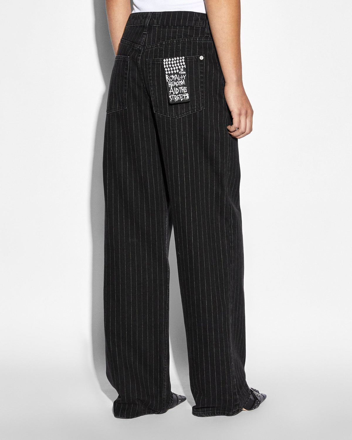 Womens Low Rider Pinstripe Baggy Denim Jeans - Black