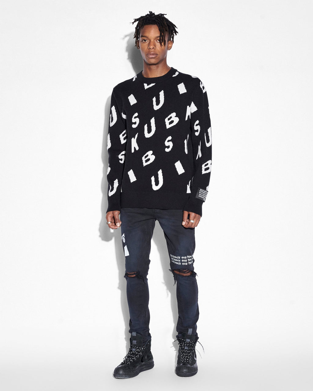 Mens Letters Knit Crew Black Regular Knitwear - Black