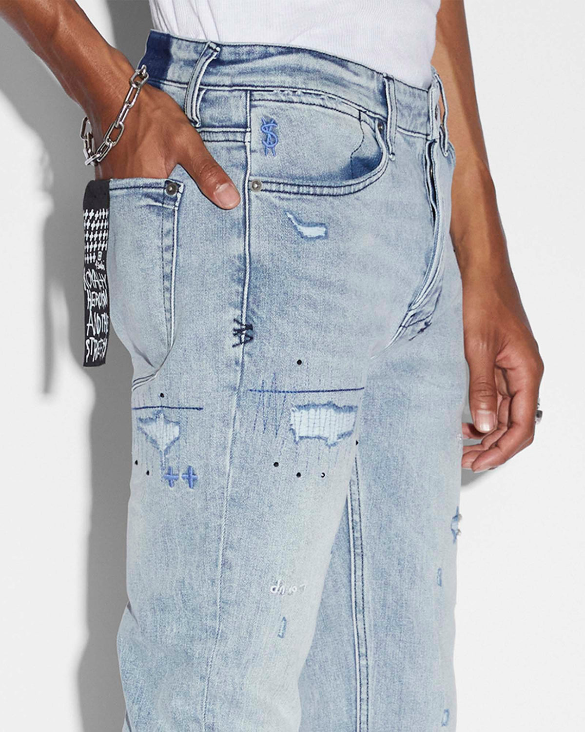 Mens Van Winkle Skribed Blu Skinny Denim Jeans - Denim